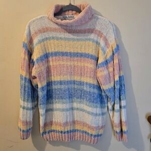 Gina Peters Vintage Pastel Striped Chenille Turtleneck Sweater Pink Blue Yellow
